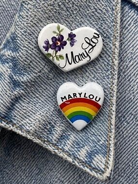 Vintage Ceramic Heart-Shaped Name Pin Set “MaryLou”